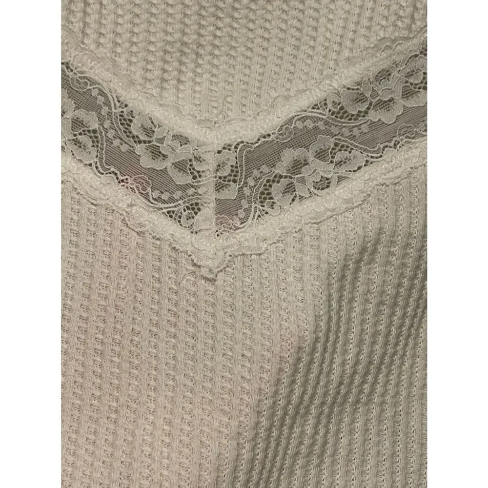 Free People White Lace-Trim Waffle Knit Button Cardigan